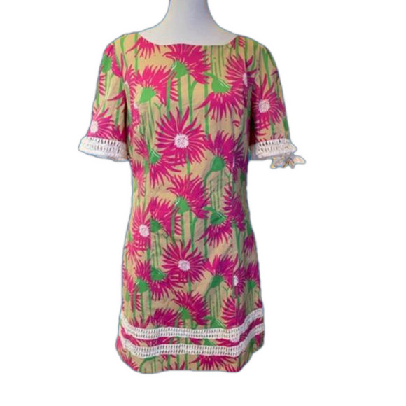 Lilly Pulitzer Coastal Kiss Beige, Magenta & Green Floral Dress W/Tie Sleeves 10